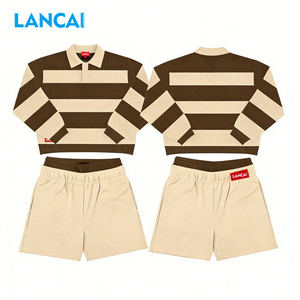 Ensemble de shorts vintage délavés sur mesure Lancai pour hommes, chemise de rugby à manches longues à rayures cousues, style polo de rugby pour hommes, survêtement - Product Image 2