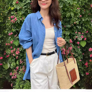 Chic femmes haut d'été coupe ample bleu Ramie <span class=keywords><strong>lin</strong></span> coton Blouse Style français longue longueur chemise décontractée tissé crème solaire conception - Product Image 3