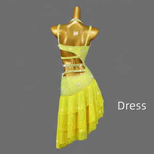 Robe de danse latine pour femme, franges, strass, costume de compétition de danse de salon, jaune, découpes asymétriques, performance scénique - Product Image 2
