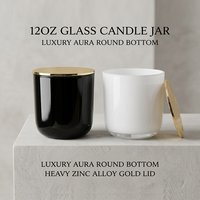 Pot à bougie en verre de luxe Aura à fond rond avec couvercle plat en alliage de zinc, personnalisable avec logo, noir et blanc, 9, 10, 12, 14, 15, 20 oz