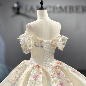Dy8561 Ivory Shoulder Floral Embroidery Ball Gown Wedding Dress Beaded <b>Corset</b> Appliques Natural Waist Chapel Train Bridal Party - Product Image 2
