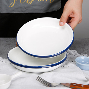 Vaisselle de <span class=keywords><strong>cuisine</strong></span> ronde en émail blanc couleur bleue garniture métallique soupe profonde riz fruits camping assiette en émail rétro - Product Image 6