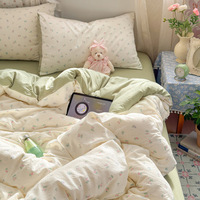 Selimut Kasur Bunga Ungu Pastel Lucu Berlapis Ganda, Set Sprei & Sarung Bantal 4 Pcs Lembut, Set Sprei Motif Bunga Kartun untuk Anak Perempuan