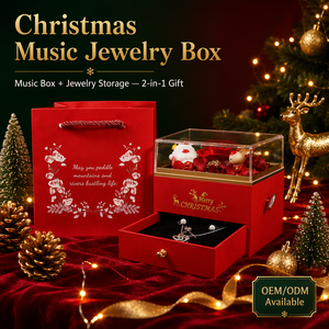 Caja de Regalo Premium para Joyería, Estuche Musical Navideño con Melodía Giratoria, Rosa Preservada con Cubierta Acrílica para Recuerdo de Cumpleaños - Product Image 1