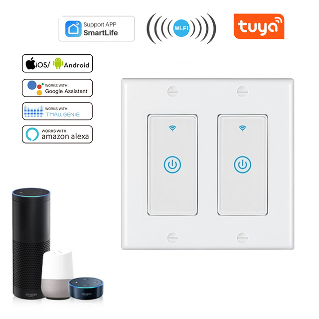 Tuya WiFi Durable Smart Switches US Double-sided Cover 2Gang Light Touch Switch Support SmartLife App Remote Control Wall Switch
