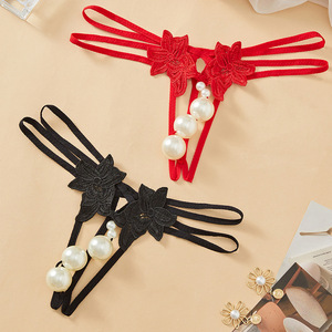 Tanga sexy con perlas y entrepierna abierta, talla grande, poliéster, ropa interior estimulante para adultos para el Día de San Valentín - Product Image 1