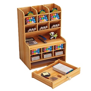 Porte-crayon en bois <span class=keywords><strong>organisateur</strong></span> de <span class=keywords><strong>bureau</strong></span> <span class=keywords><strong>DIY</strong></span> avec 15 compartiments 1 tiroir <span class=keywords><strong>organisateur</strong></span> de rangement de papeterie de <span class=keywords><strong>bureau</strong></span> couleur cerisier - Product Image 1