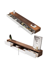 Meuble TV mural en noyer au design minimaliste moderne, meuble TV en bois avec tiroirs de rangement et étagère, table basse