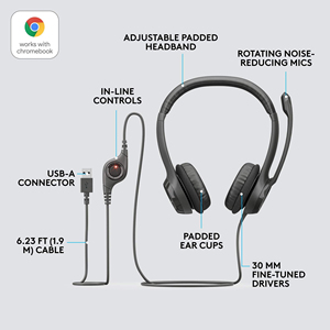 <span class=keywords><strong>Casque</strong></span> filaire USB Logitech H390 avec micro anti-<span class=keywords><strong>bruit</strong></span>, haut-parleurs de 30 mm et commandes intégrées pour PC, Mac, bureau et télétravail - Product Image 5
