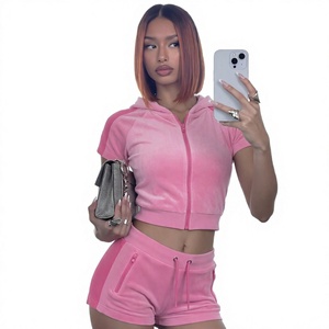 <b>Y2K</b> Unisex Custom Logo Casual Velour Short Sleeve Zipper Hooded Jacket & Long <b>Top</b> 2 Piece Long Set Breathable Fabric - Product Image 4
