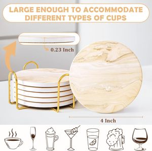 Marble Style Ceramic <b>Coasters</b> <b>Set</b> Absorbent Cup <b>Coasters</b> With Metal Holder Stone Mat for Kitchen Tabletop Protection Home Decor - Product Image 4
