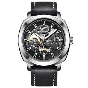 Benyar <b>Skeleton</b> Mechanical <b>Watch</b> 15mm <b>Automatic</b> Men's Waterproof Leather Strap <b>Watch</b> - Product Image 5