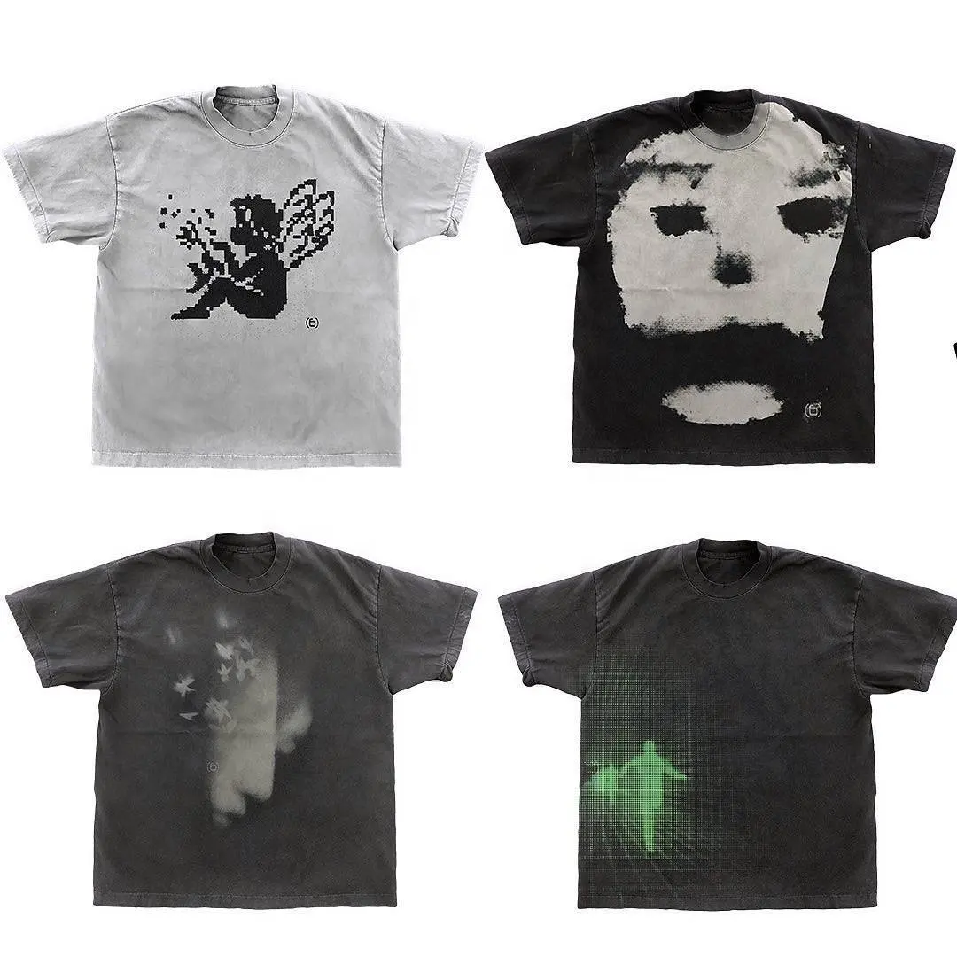 Wholesale Vintage Crew O Neck Black Graphic Tees T shirts Printed Men's Distressed Acid Wash T-shirt Men Oversized Tshirts