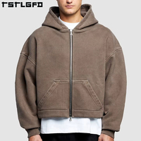 Sweat à capuche zippé pour homme, coupe courte et carrée, en molleton bouclette français de luxe, à épaules tombantes, grammage lourd 500gsm 600gsm, avec couche d'air, haute qualité