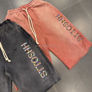 Shorts de survêtement streetwear pour homme, en coton épais, style vintage, délavé à l'acide, avec strass, design OEM - Product Image 3