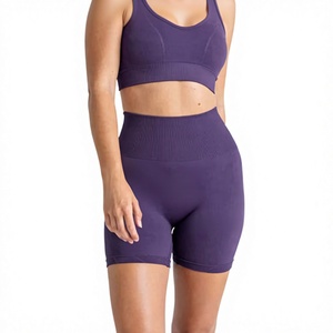 Conjunto de yoga morado de 2 piezas, top corto sin costuras, pantalones cortos de cintura alta, ropa deportiva para mujer, conjunto de entrenamiento - Product Image 1