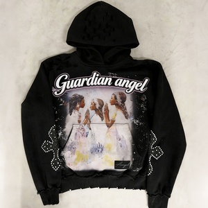 Sudaderas con Capucha para Hombre, Estilo Urbano, de Alta Calidad, con Estampado Gráfico de Diamantes de Imitación, Borde Desgastado, Lavado Ácido Vintage Personalizado - Product Image 1