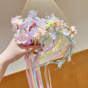 Serre-tête Princesse Super Féerique Style Ancien & Mori avec <span class=keywords><strong>Couronne</strong></span> de Fleurs et Long Ruban pour Filles - Product Image 3