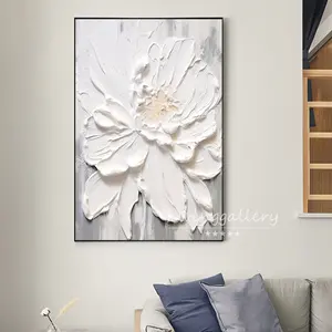 Pintura a óleo grande 3D em tela de flor branca, arte floral original pesada texturizada para decoração de casa, arte luxuosa para sala de estar