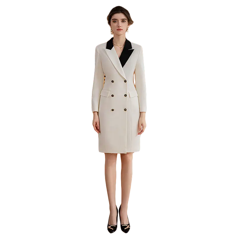 Professional women formal white blazer dress career ladies contrast collar double breasted knee length dresses