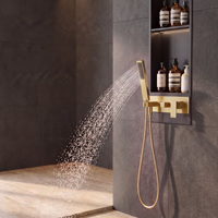 Ensemble de douche encastré haut de gamme poli avec étagère de rangement LED, pommeau de douche pluie douce, douchette à main et mitigeur