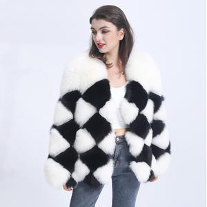 Blouson aviateur en vraie fourrure de renard, motif quadrillé noir et blanc, grande taille, pour femmes - Product Image 2