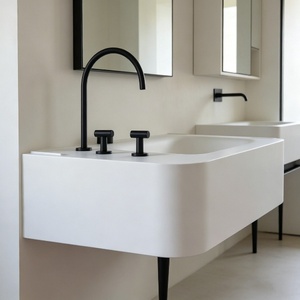 Lavabo de Baño Integrado de Piedra Artificial Personalizado OEM, Mueble de Baño de Superficie Sólida Acrílica con Ranura de Drenaje para Hotel o Villa - Product Image 2