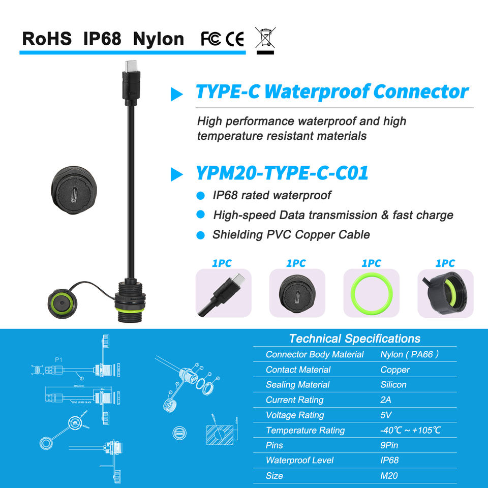 M20 IP68 Waterproof USB 3.0 Type-C Female to Male Connector