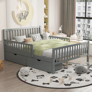 Cama Moderna con Plataforma de Madera Maciza, Barandas Laterales y Dos Cajones de Almacenamiento, Ecológica y Duradera, Color Gris - Product Image 1