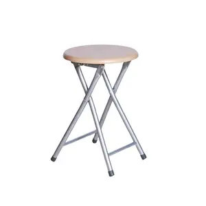 Small Round Wood Folding Stool With Metal Legs