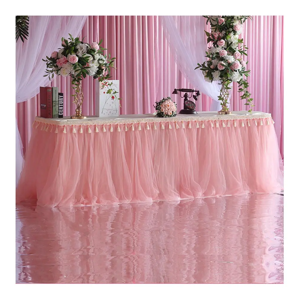 נוסף ארוך טוטו טול פוליאסטר מלבני שולחן חצאית עם ציצית לחתונה מסיבת קישוט שולחן כיסוי חצאית