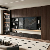 Système mural TV intégré en noyer foncé de luxe avec vitrine en verre fumé noir et éclairage LED pour appartement haut de gamme