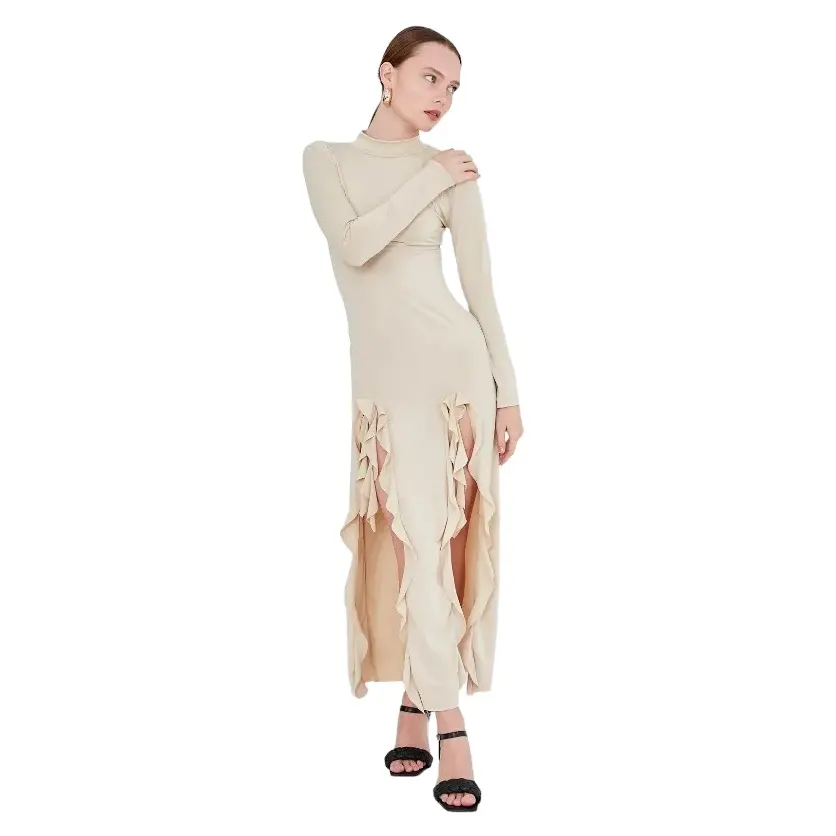 Beige Long Sleeve Sandy Dress With Slits On Both Sides Fabric Sandy Color Beige Well-Fitting