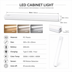 Lumière LED sans fil à détecteur de mouvement 30CM, rechargeable par USB, à intensité variable, pour placard et cuisine, fabricant B2B - Product Image 2