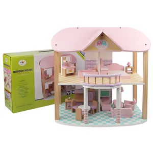 Casa de muñecas en miniatura para niños, juego de simulación familiar, muebles de madera, dormitorio moderno, color rosa