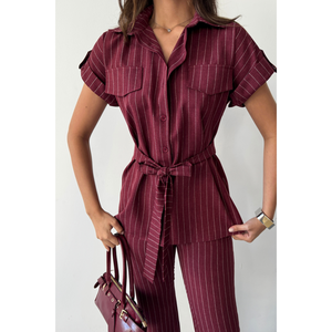 Conjunto Casual de 2 Piezas para Mujer, Blusa y Pantalón de Poliviscosa a Rayas Borgoña, Corte Holgado para Otoño e Invierno - Product Image 6
