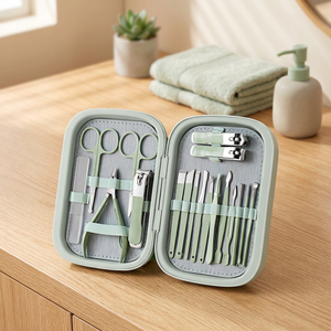 Ensemble de manucure professionnel luxueux de 15 pièces, coupe-ongles en acier inoxydable, ciseaux, limes, étui portable, couleur verte, pour adolescents et enfants - Product Image 2