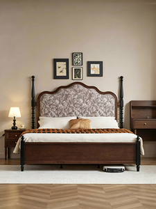 Traditional Upholstered Wooden Bed Frame Queen Size Mahogany Fabric Soft Bed with Patterned Headboard - Product Image 5