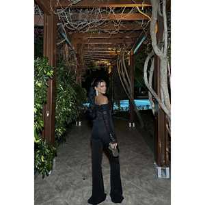 Black Chiffon <b>Jumpsuit</b> with Gathered Sleeves <b>Vintage</b> Print Formal/Casual Style Above Knee Length for Summer and Winter - Product Image 1