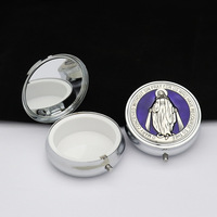 Boîte à souvenirs catholique de 5 cm, étuis à chapelets avec miroir pour cadeaux de Sainte Communion, boîte de rangement en fer pour bijoux religieux