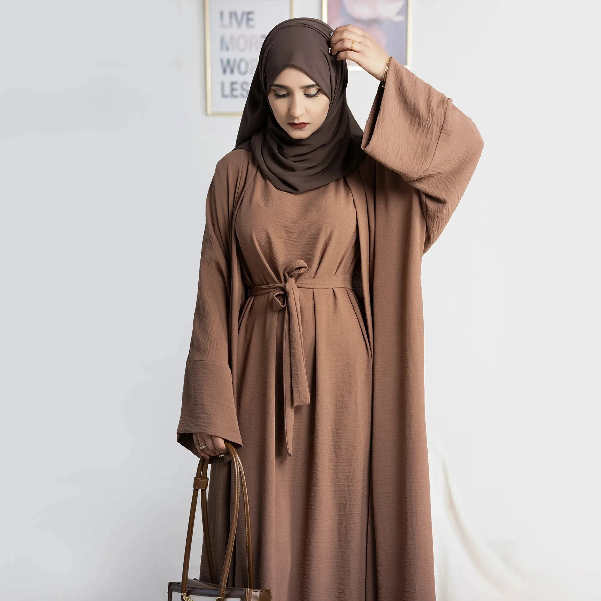 Conjunto de kimono islámico abaya para mujer, ropa cárdigan, conjunto de vestido musulmán moderno islámico abaya YLR480, 2 uds., último diseño de Dubái, 2023