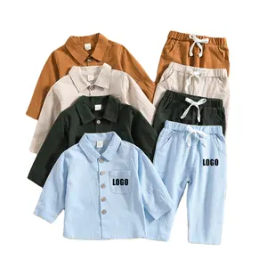 Spring and Autumn Boys Pure Color Cotton Hemp Collar Shirt Casual Comfortable Long-sleeved Trousers Boy Kids Clothing