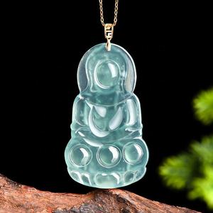 หยกเจไดต์สีน้ำเงินธรรมชาติ จี้หยกพระโพธิสัตว์กวนอิม ทอง 18K เครื่องประดับสำหรับผู้ชายและผู้หญิง ศาสนาพุทธ พร้อมใบรับรอง D339 - Product Image 2