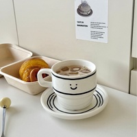 Ensemble tasse à café et soucoupe en céramique style coréen avec visage souriant mignon, tasse à cappuccino créative pour cadeau de café, vente en gros