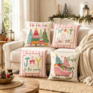 Sarung Bantal Natal Modern OEM Kustom untuk Liburan Musim Dingin, Tekstur Linen Poliester, Motif Manusia Salju dan Kepingan Salju, Bentuk Persegi - Product Image 1