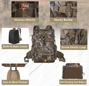 Sac à dos de chasse avec housse de pluie imperméable, fond rigide autoportant, sac de chasse de 50L camouflage pour arc - Product Image 3