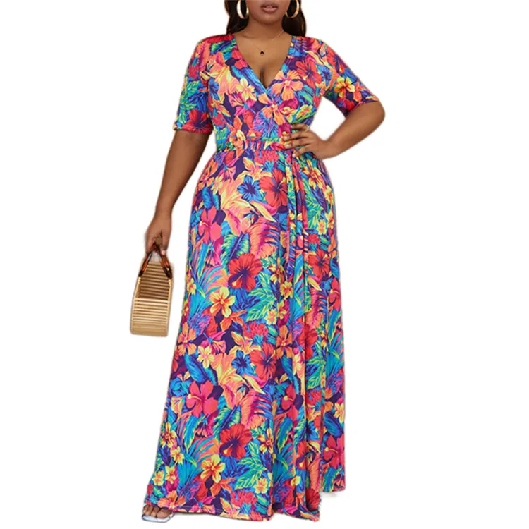 2024 Primavera Verano nueva llegada ropa de mujer de talla grande sexy floral vestidos casuales abrigo cuello en V manga corta vestido largo Maxi