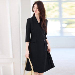 Chinese Style <b>Wrap</b> Dress Women Mid Sleeve V Neck <b>Black</b> Royal Blue Apricot Polyester Career Dress With Chinese Knot Design - Product Image 3