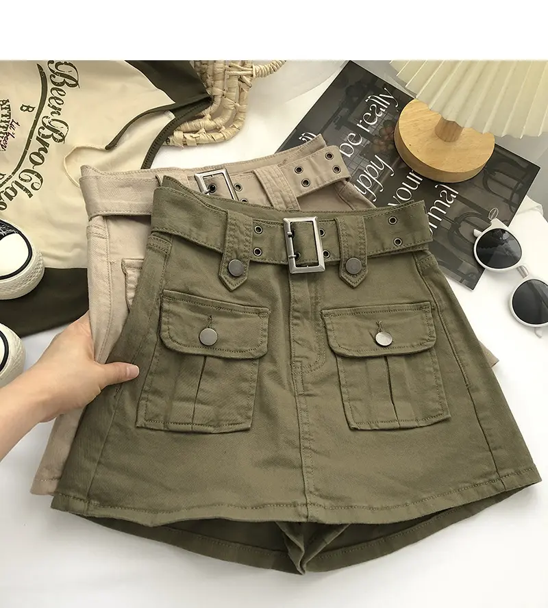 Estilo coreano de cintura alta Y2K Streetwear gran bolsillo Cargo faldas Mini Falda Mujer moda con cinturón faldas cortas Culotte