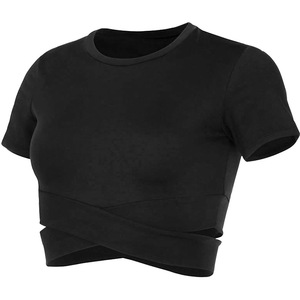 Phụ nữ thể thao Slim chéo T-Shirt thoáng khí nhanh chóng làm khô tập thể dục hàng đầu rốn tiếp xúc với Yoga mặc chạy Ngắn Tay Áo cộng với kích thước - Product Image 6